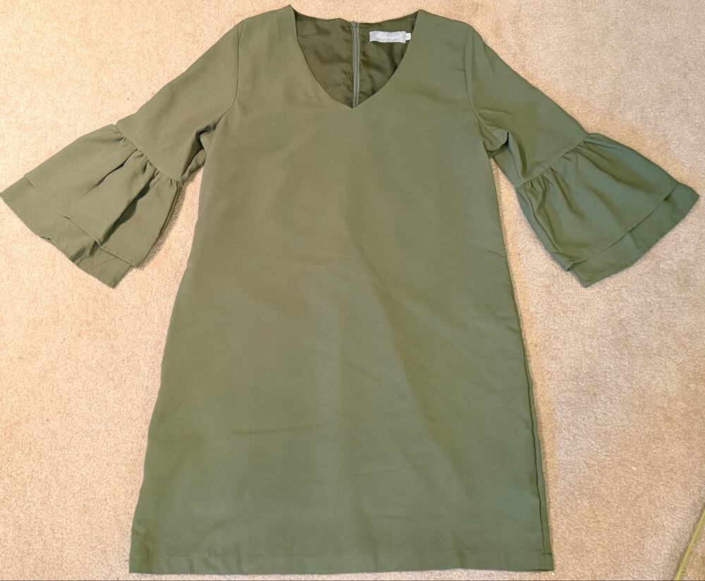 Belongsci Olive Green V-Neck Bell Sleeve Shift Mini Dress Women's Size Small